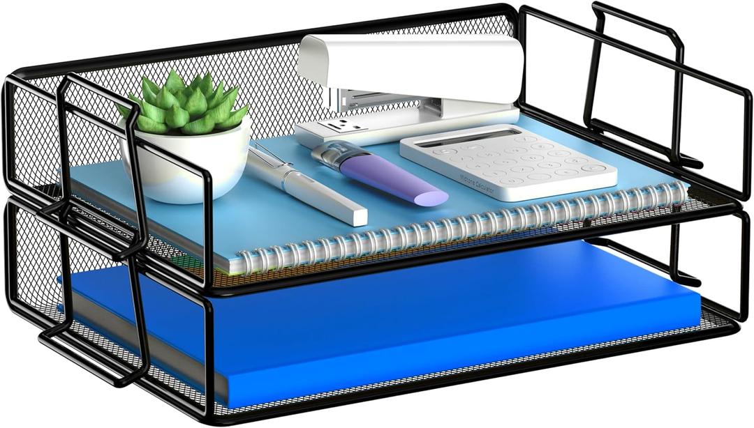 2 Tier Stackable Letter Tray Paper Holder Desk Organizer for Home Office School, Black 2 Tier (13.5" x 9.65" x 5.3")