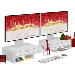 LAPTAIN Wooden Dual Monitor Stand with 2 Drawers, Monitor Stand Riser with Adjustable Length and Angle, Solid Wood Desktop Organizer Stand for Laptop/PC/Computer, No Assembly Required