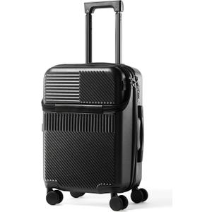UrbanExplorer 20 Inch Carry-On Luggage with Front Opening, Cup Holder & USB Port, Lightweight ABS+PC Hardshell Spinner Suitcase, Airline Approved, 360 Wheels, Black