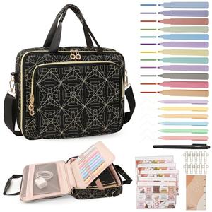 Bible Cover Case for Women Bible Study Kit with Highlighters Tabs, Large Bible Bag with Annotation Kit, Bible Carrying Case for Women with Shoulder Strap Church Bags with Journaling Kit (Black, Large)