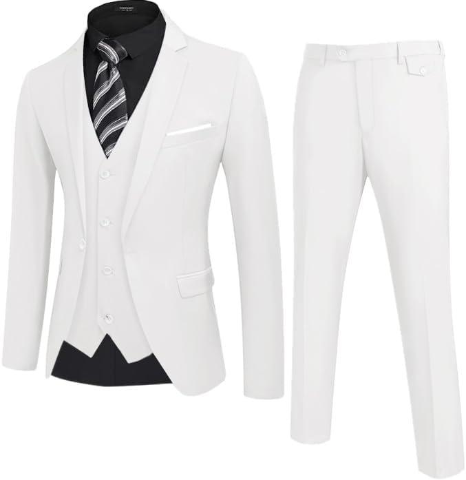 COOFANDY Men's 3 Piece Wedding Suit Set One Button Slim Fit Jacket Blazer Vest Pants Set Groom Prom Tuxedo Suits (Large, White)