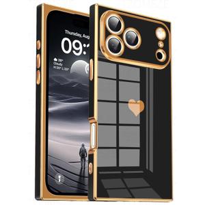 Tzomsze Compatible with iPhone 17 Pro Case,Camera Protection Cute Heart Pattern & Electroplate Reinforced Corners Shockproof Edge Bumper Case for Women Girls 6.3 Inch-Black