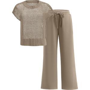 ANRABESS Women Two Piece Outfits Crochet Sheer Knit Sweater Top Wide Leg Pants Lounge Matching Sets Sweatsuit Travel Clothes (Beige, L)