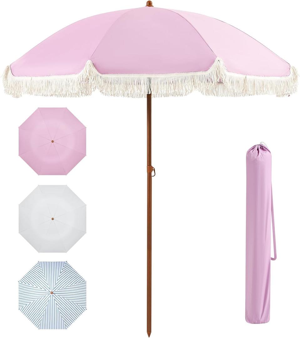 Aoxun 7ft Patio Umbrella with Fringe,Outdoor Beach Umbrella with Aluminum Pole, Ribs Push Button Tilt and Carry Bag, UV 50+ Picnic Tassel Umbrella(Pink)