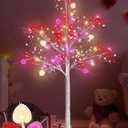 Valentines Day Decor, 4 FT Prelit Lighted Valentines Tree with 3D Hearts&Berries Ornaments 48 Led Red Pink Lights, Outdoor Waterproof Artificial Birches Tree for Valentines Day Decorations Indoor Home