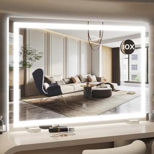 HNV 32"x22" Large Lighted Vanity Mirror, 3-Color Dimmable LED Makeup Mirror with Power Adapter, Sturdy Tabletop or Wall-Mounted Mirror, White