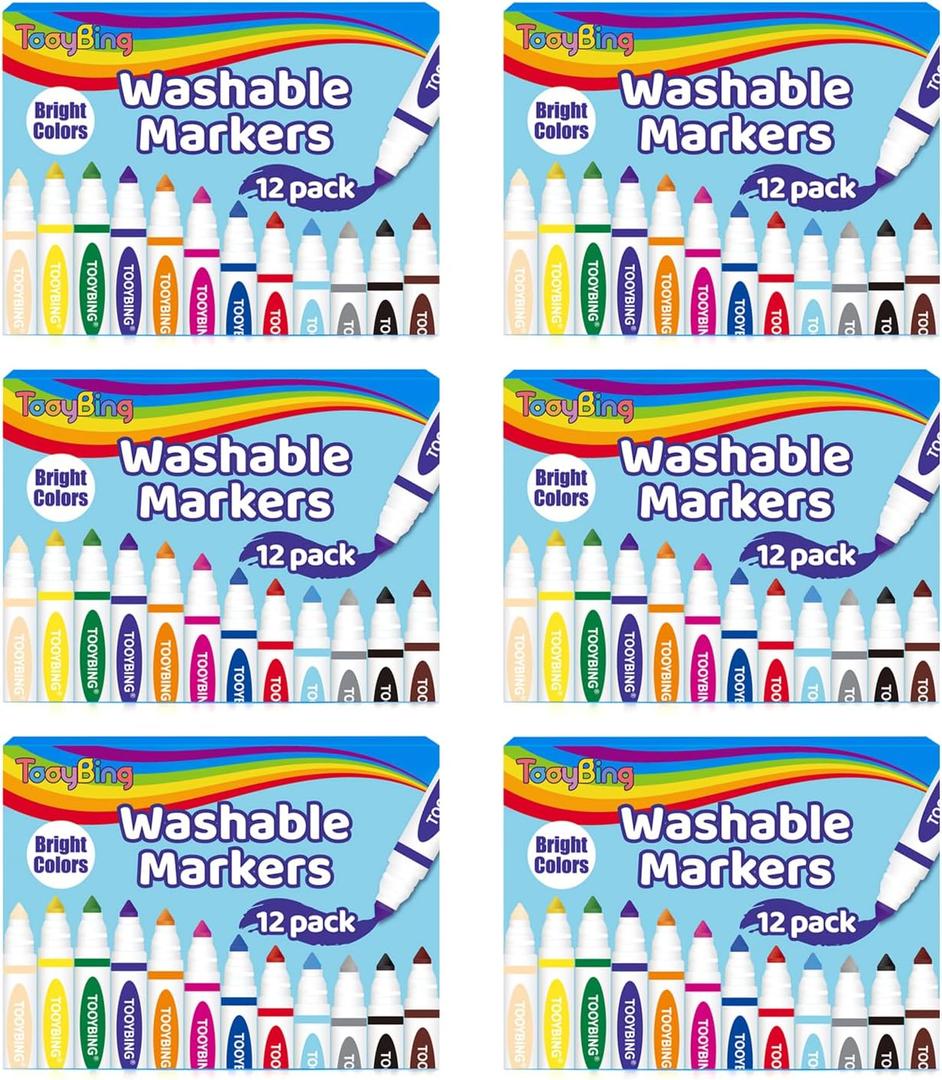 Washable Markers Bulk (72 Count, 6 Box), 12 Assorted Colors, Washable Markers for Kids Classroom School, Broad Tip Durable for Back to Classroom Art School Supplies Essentials