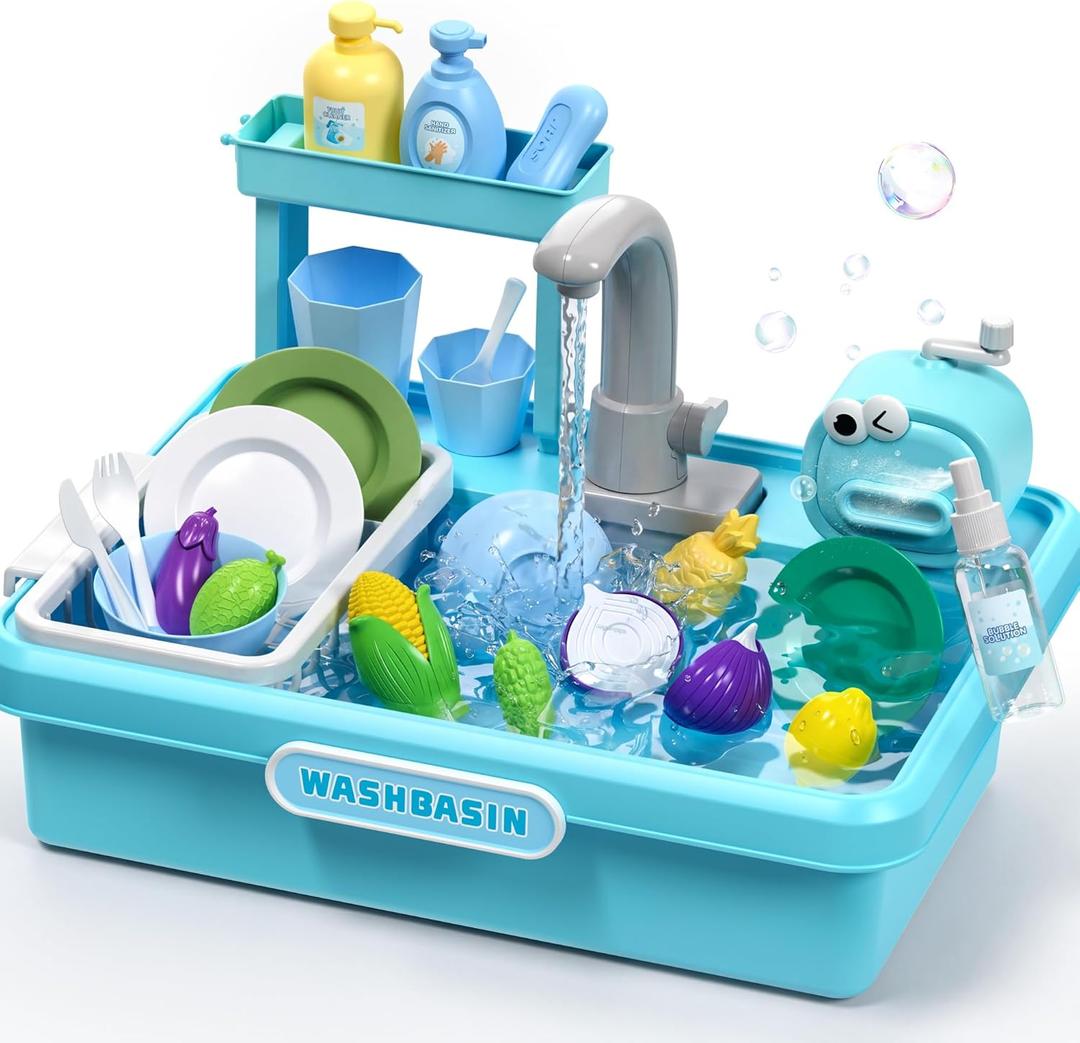 Play Sink with Running Water,Kitchen Play Sink Toys for Boys,Upgraded Real Faucet and Play Dishes,Pretend Role Play Toys for Girls Boys,Birthday Gifts for Kids 3-5,Practice Cleaning
