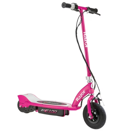 Razor E100 Electric Scooter for Kids Ages 8+ - 8" Pneumatic Front Tire, Hand-Operated Front Brake, Up to 10 Mph and 40 Min of Ride Time, for Riders Up to 120 Lbs (Pink)