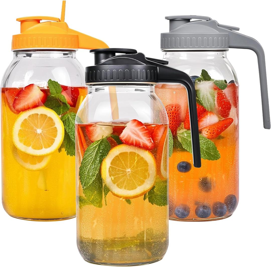 3 Pack 64 Oz Glass Mason Jar Pitcher with Airtight Lid and Handle Wide Mouth, Leak-Proof, Ideal for Sun Tea, Cold Brew, Lemonade, Iced Coffee, Milk, and Water (Orange, Gray & Black (3 Pack))
