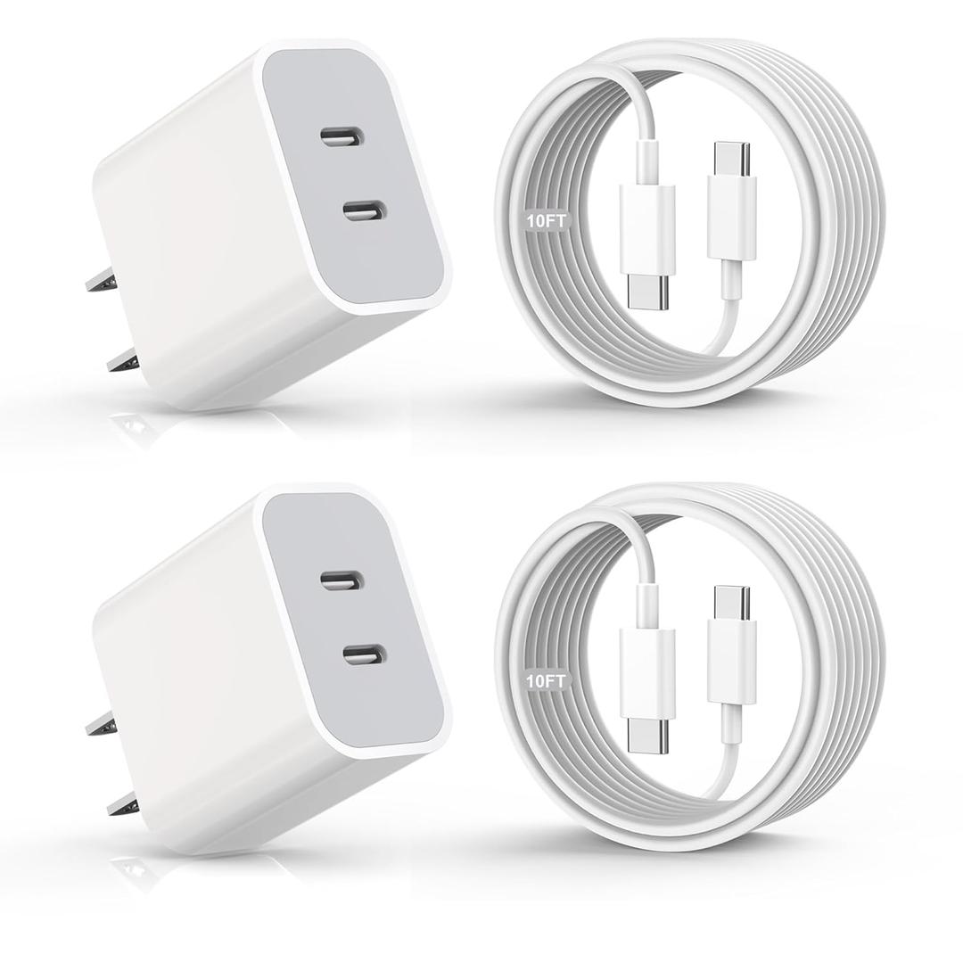 Fast Charger for iPhone 16,2Pack PD USB C iPhone Charger Dual USB C Port Charger Block with 10 Foot Long USBC to C Charger Cable Cord. Compatible with iPhone 16/16 Pro/15 Pro Max,iPad Pro/Air/Mini