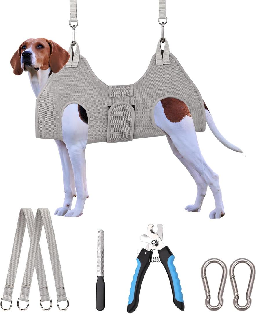 Dog Grooming Hammock Harness, M-Large Dog Hammock for Nail Trim, Gray Dog Restraint for Nail Clipping,Dog Grooming Sling Thick Neck Support (L (56 LB Max) Silver Grey 11-20in)
