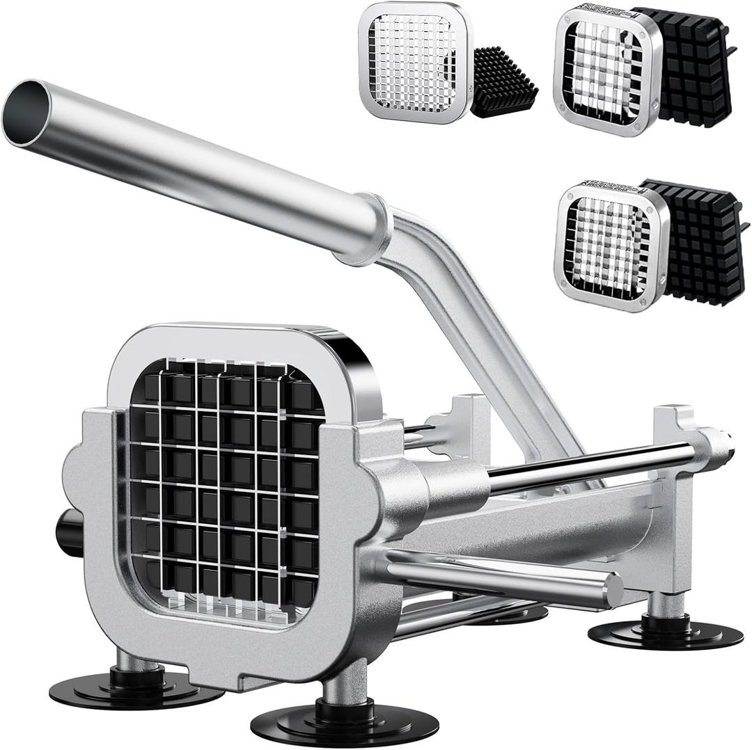 French Fry Cutter, Heavy Duty Potato Slicer, Stainless Steel French Fries Cutter for Sweet Potato, Carrot, Yam, Cucumbers, 1/2&3/8&1/4 Cutter