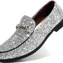 COSIDRAM Men's Glitter Dress Shoes Metallic Sequins Tuxedo Luxury Gold Buckle Loafers Slip-on Wedding Party Shoes Silver, Size: 11