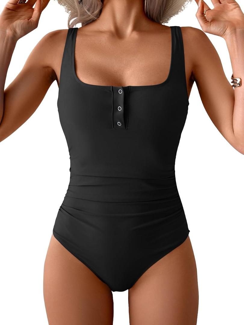 B2prity One Piece Swimsuit for Women Tummy Control Ruched Slimming Bathing Suit Button Full Coverage Swimwear (Black, L)