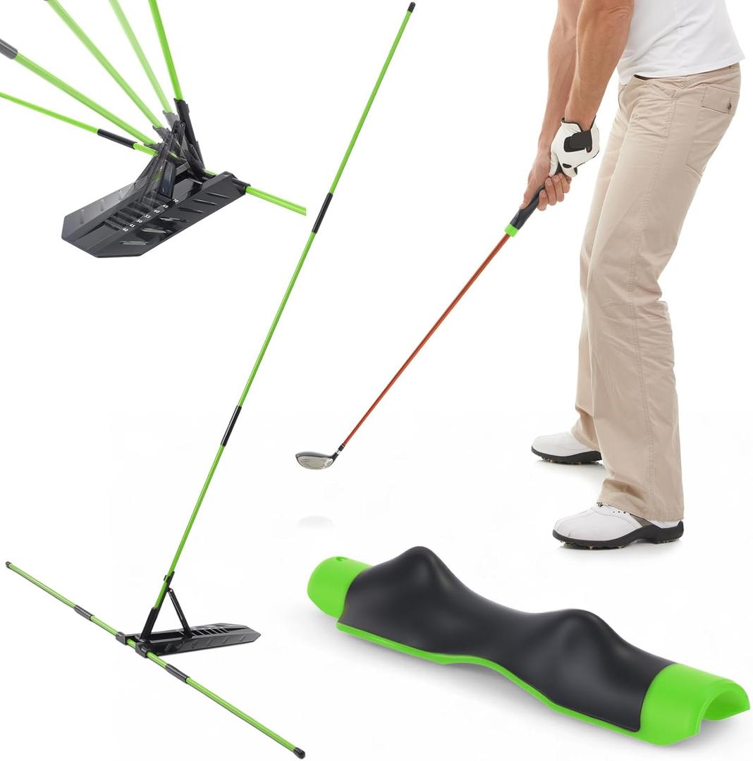 Golf Alignment Sticks & Swing Trainer Set Adjustable 7-Angle Holder & Grip Trainer Aid Portable Sectional Design for Swing Plane & Path Correction Training Equipment (Green)