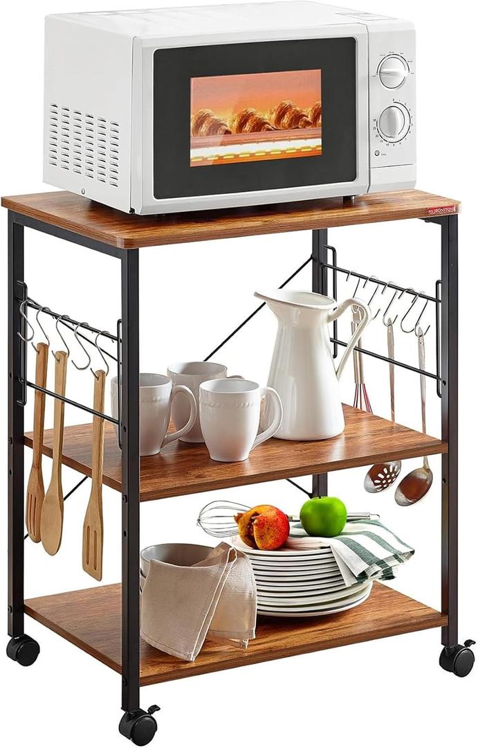 Mr IRONSTONE Microwave Cart 23.7'' for Small Space, 3-Tier Microwave Stand Coffee Cart Rolling Kitchen Utility cart on Wheels, Vintage