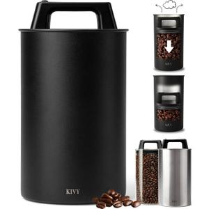 KIVY Vacuum Coffee Canister (Large) - Push Lid Preserves Aroma & Oil - Stainless Steel Airtight Canister - Container for Ground & Coffee Bean Storage - Removes Excess Air (Black)