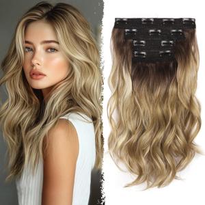 Blonde Clip in Hair Extensions - 14 Inch Wavy Synthetic Hair Extensions Clip ins (Color: Dark Blonde with Bleach Blonde Highlights)
