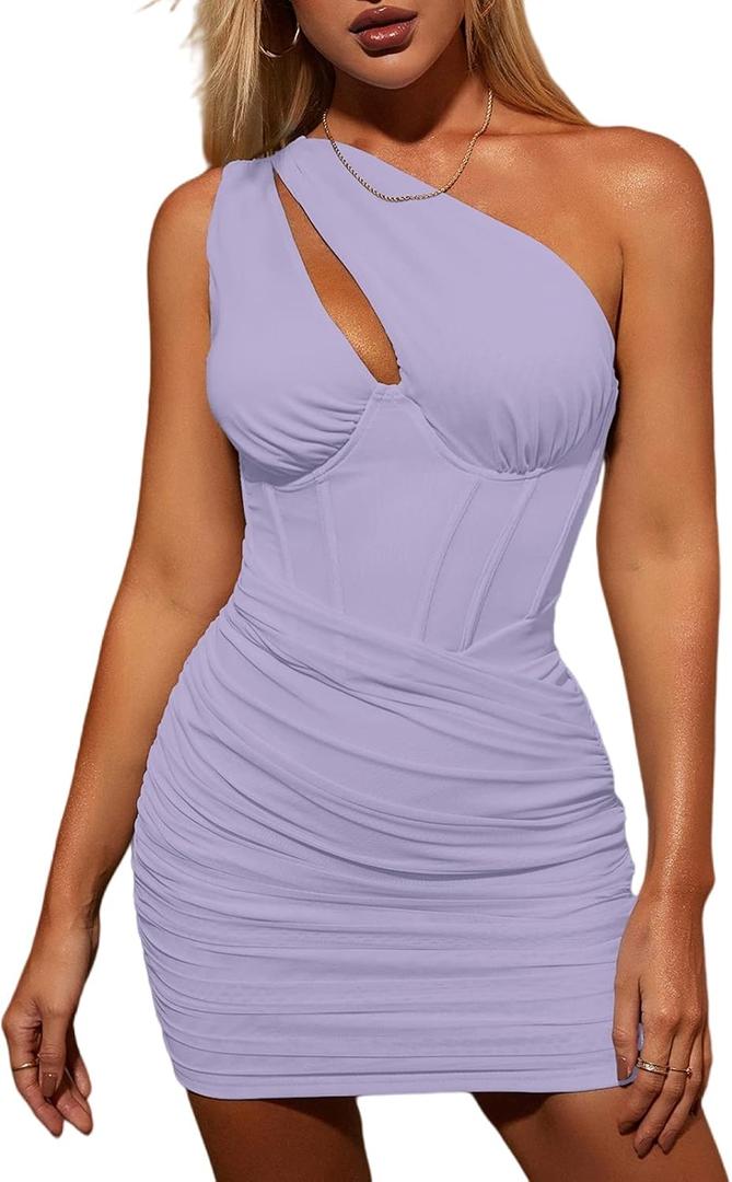 KUTUMAI Women's Sexy One Shoulder Cutout Bodycon Corset Dress Ruched Mesh Party Club Mini Dresses (Lavender, M)