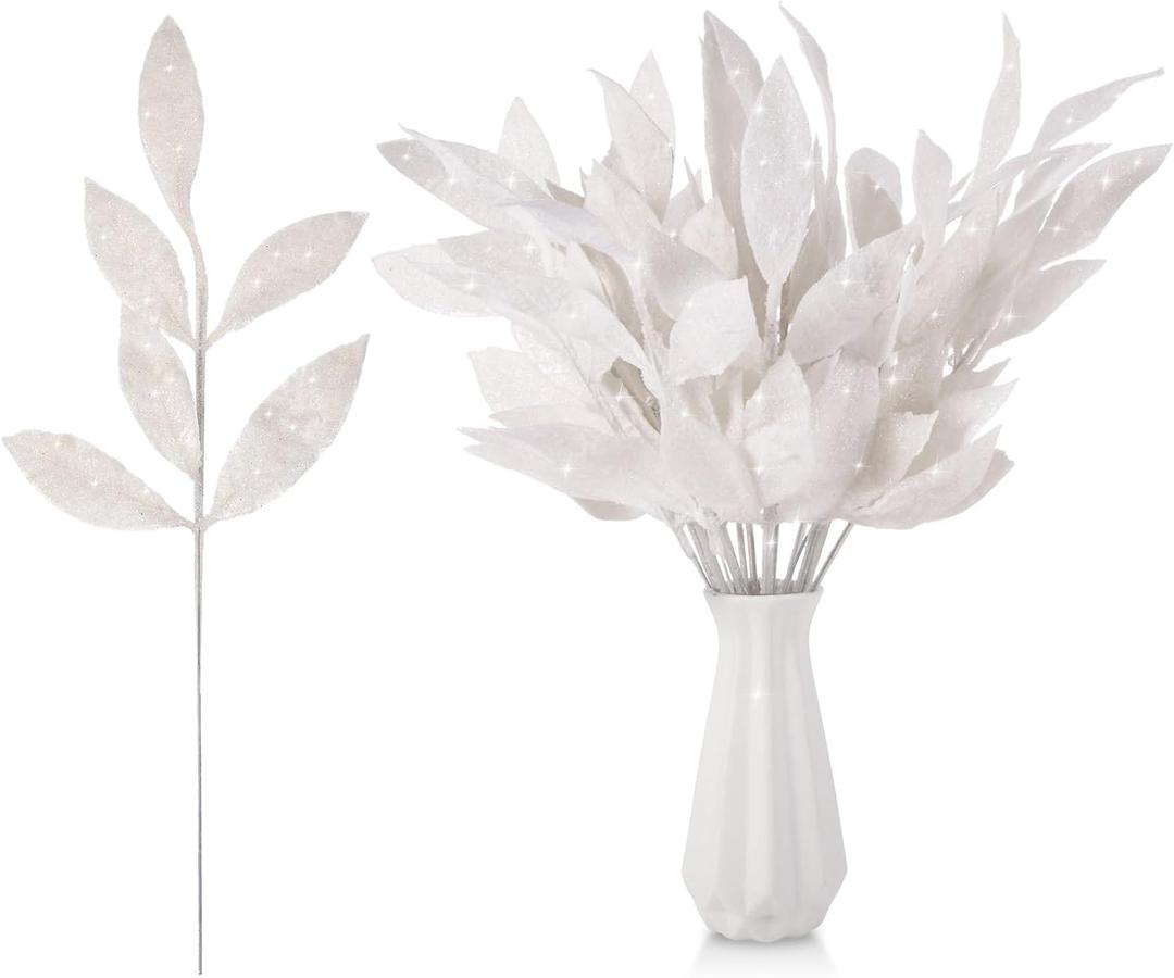 Riceshoot 48 Pcs Christmas Decoration Artificial Leaves with Stems 12.7'' Glitter Decor for Vase Pray Branch Picks Home Kitchen Table Xmas Tree Ornament (White)