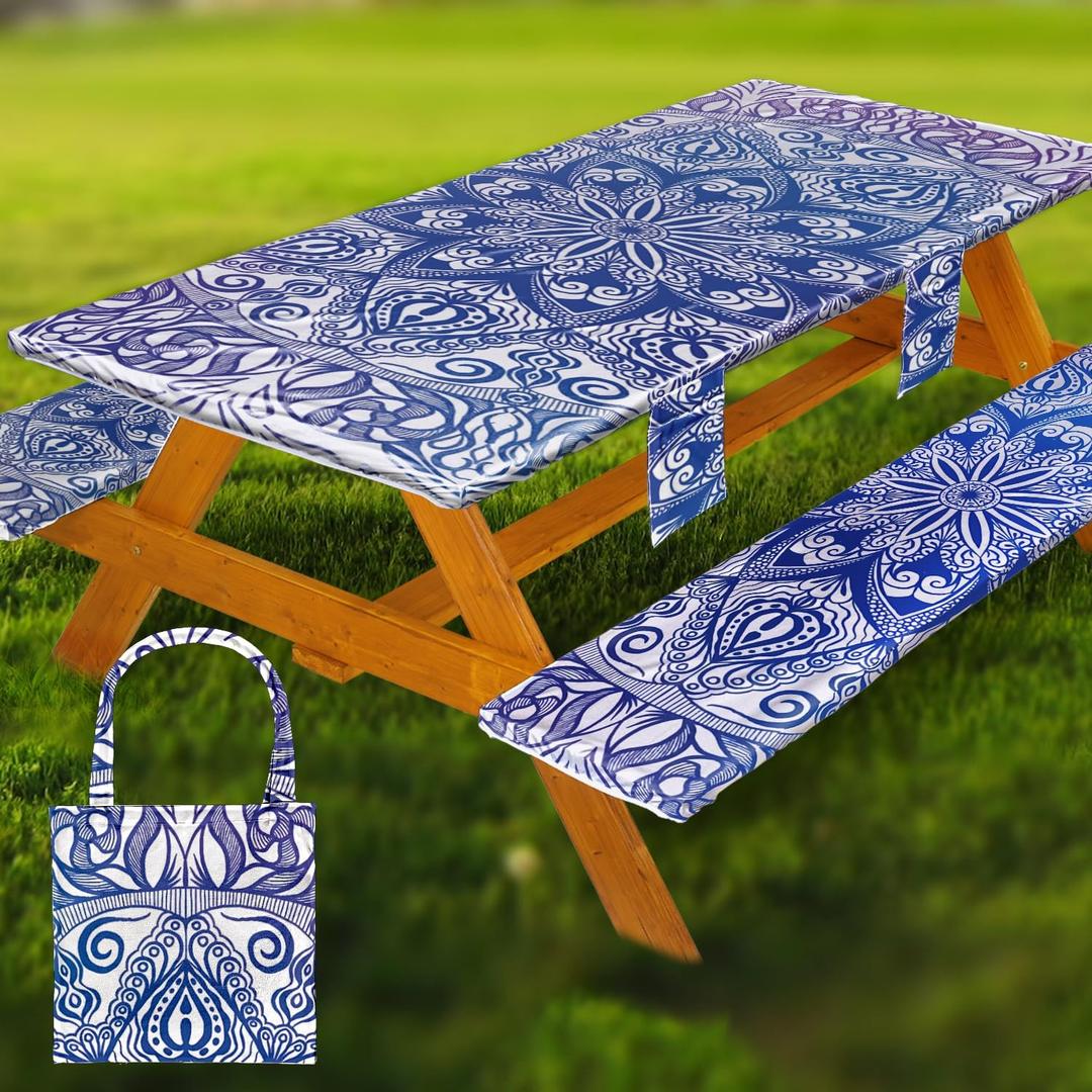 Picnic Table Cover with Bench Covers Vinyl Elastic Edges Fitted Rectangle Seat Tables Waterproof 3-Piece96X30in Set Outdoor Rectangular Folding Backing Tablecloth for Camping Over Size
