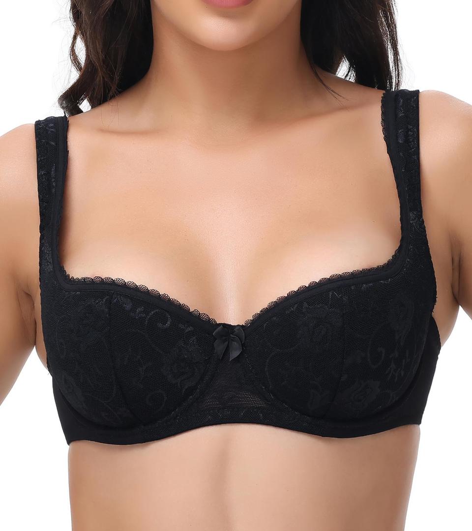 Oscrenia Balconette Bra for Women Demi Balcony Bras Underwire Push Up Half Cup(Black,34D) (Black)