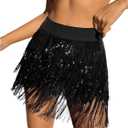 Floerns Women's Sparkly Sequin Fringe Skirt Belly Dance Disco Tassel Rave Mini Skirt (Medium, Black)