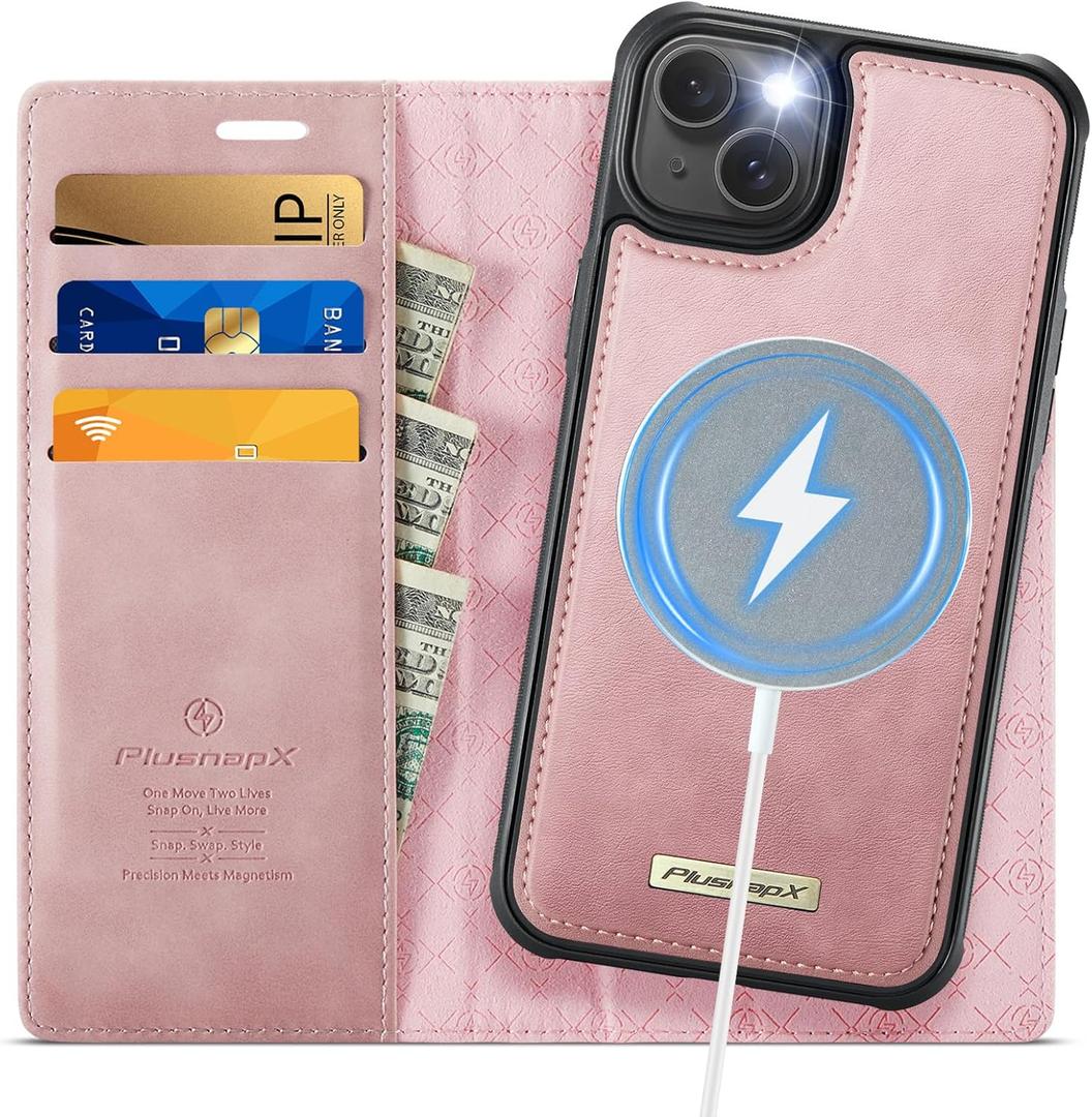 Wallet Case for iPhone 14 Compatible with Magsafe, 2-in-1 PU Leather Flip RFID Blocking Card Holder Stand Shockproof Magnetic Detachable Cover for iPhone 14 Case 6.1", Pink