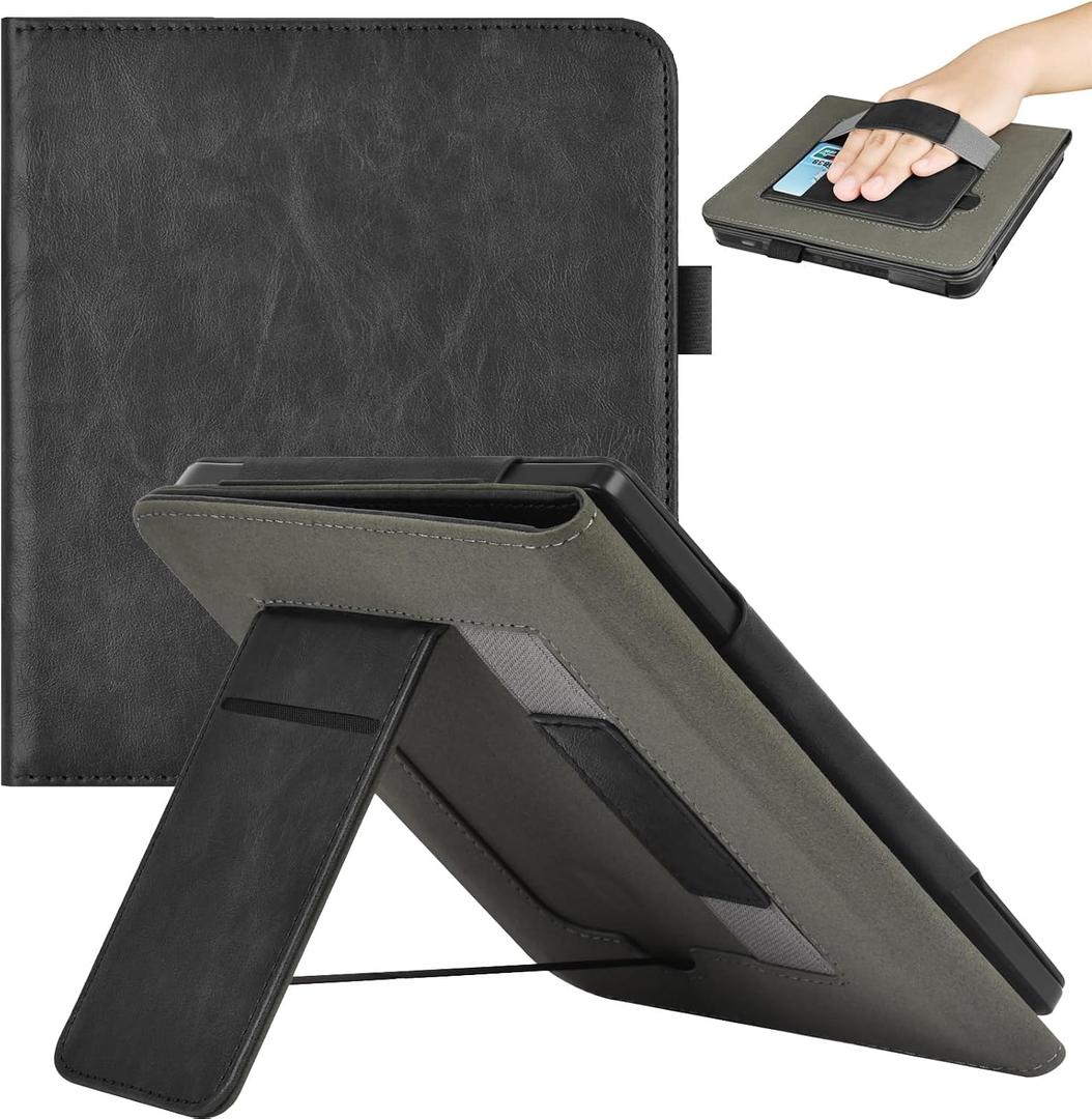 Case for 7" Kobo Libra Colour (2024 Release) & Kobo Libra 2 (2021 Release), Soft TPU Protective Back Cover with Hand Strap and Card Slot, Auto Wake/Sleep, Black