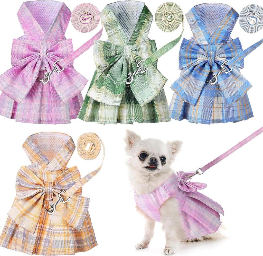 Potchen 4 Pcs Cute Plaid Dog Dress Set with Bow Tie Harness & Leash for Small Dogs, Puppy Clothes for Girls Outfits(L,Light Color)
