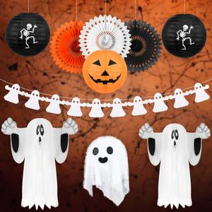 KatchOn, Hanging Ghosts Halloween Decor - Pack of 10 | Xtralarge Indoor Halloween Hanging Decorations, Ghost Garland Decorations, Paper Lanterns, Hanging Paper Fans | Spooky Hanging Decorations (White and Orange)