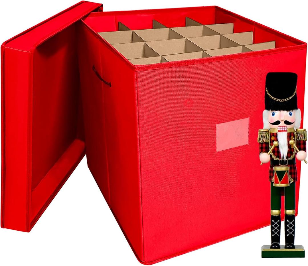 Christmas Nutcracker and Figurine Collectible Storage Box, Fits 16 Holiday Ornaments, Stores Up to 16" Tall Ornaments, Holiday Decor Organizer with Dividers, Nutcracker not Included(Red)