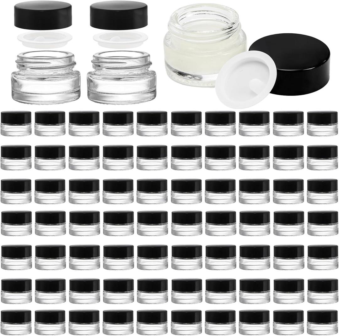 Coloch 90 Pack 5ml Empty Glass Jars with Black Lid, Clear Airtight Cosmetics Container Bulk Refillable Tiny Sample Jar for Cosmetics, Lotion, Cream, Samples, Wax, Skincare, Travelling, Retail Store
