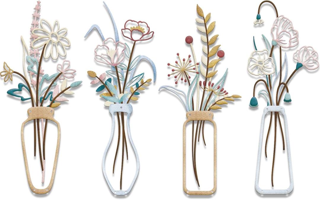 4PCS Metal Flowers Wall Arts Minimalist Flower Wall Decors Rustic Farmhouse Floral Wall Art Metal Wall Decor for Living Room Bathroom Bedroom Dining Room Housewarming Gifts (Multicolored)