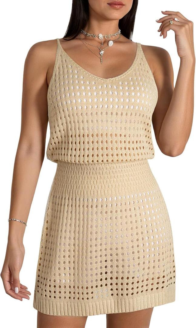 Swimsuit Coverup for Women Crochet Hollow Out Bathing Suit Cover Up Sleeveless Vacation Outfit Bikini Beach Dress (Medium, Apricot)
