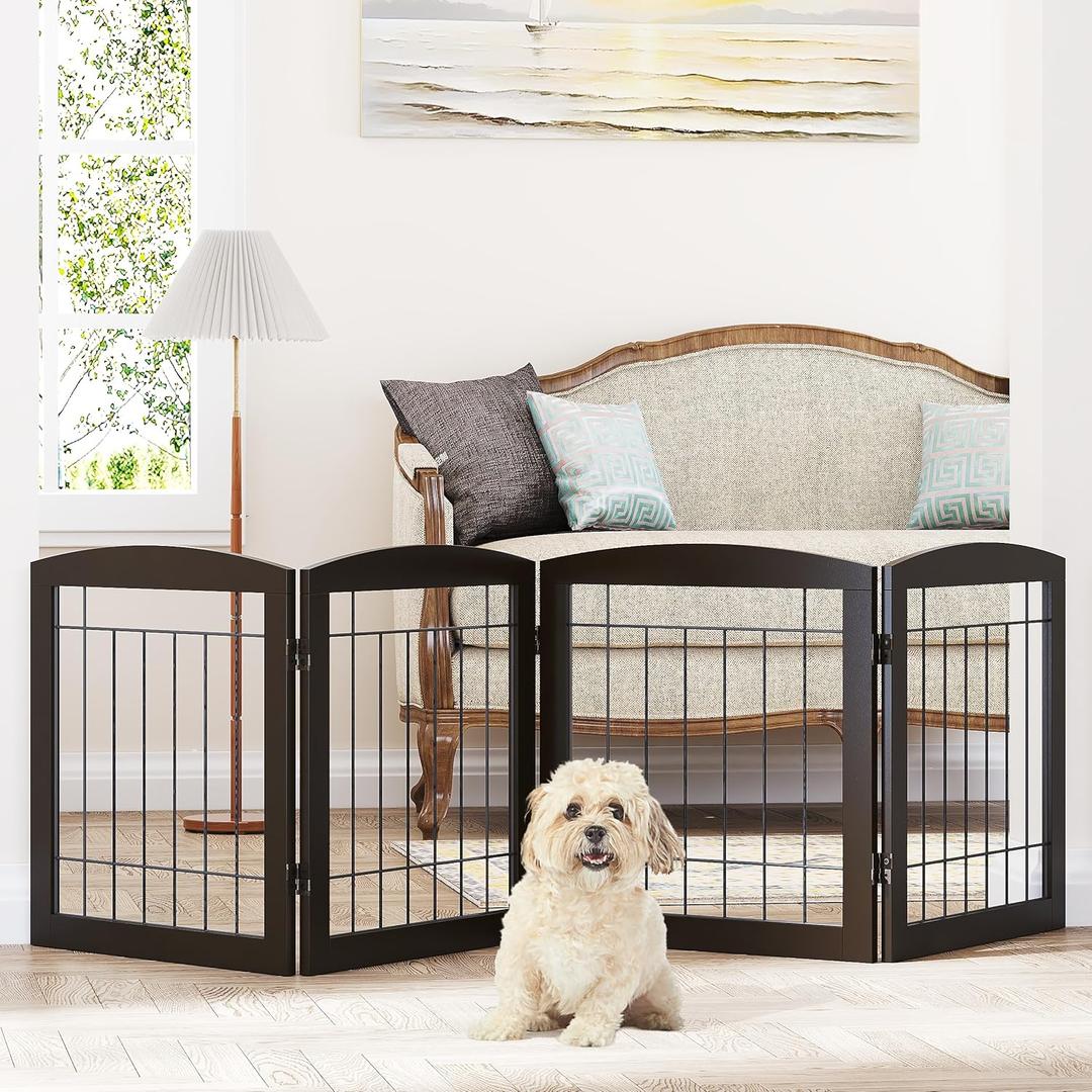 PAWLAND Dog Gate for The House Doorway Stairs Foldable Freestanding Indoor Pet Gate for Dogs Wooden Puppy Safety Fence 80" Wide 24" Height 4 Panels, Espresso (4 Panels80"W x 24"H)