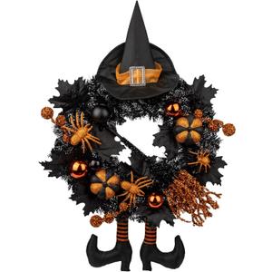 Halloween Wreath for Front Door 20" Tinsel Black Witch Wreath with Hat Legs and Orange Pumpkin for Fall Autumn Indoor Window Door Thanksgiving Halloween Decorations