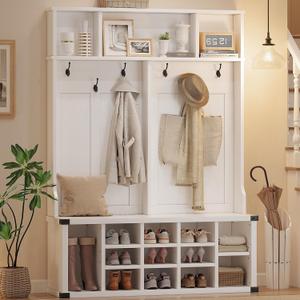 IDEALHOUSE 76" Hall Tree with Bench and Shoe Storage, Farmhouse Large 4-in-1 Entryway with Coat Rack & 6 Tri-Hooks, Adjustable Shelf, White Mudroom Bench with Storage Seating, Space Saving, White