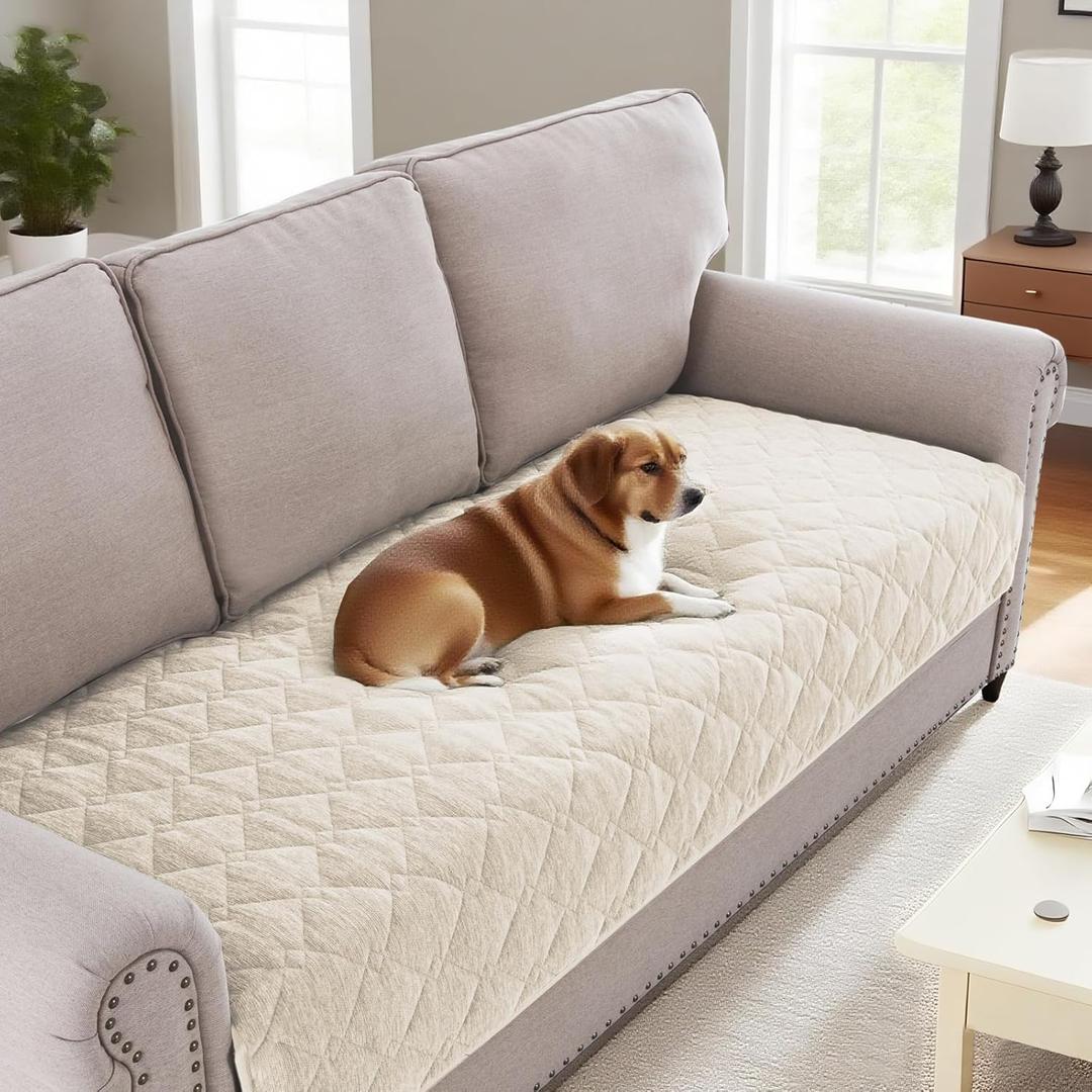 H.VERSAILTEX Couch Cover Chenille Pet Fuzzy Sofa Covers for 3 Cushion Couch Anti Slip Washable Sofa Slipcovers with Strap Soft Couch Protector Cover for Dogs Cats Kids(36" x 74", Ivory)