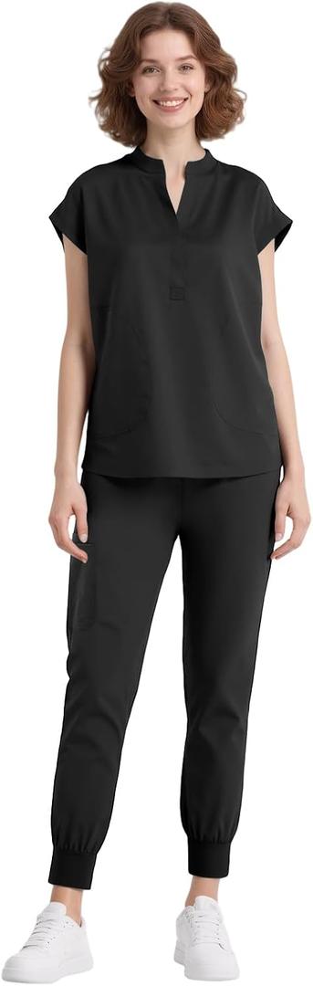Scrubs for Women Set Nurse Uniform, Mandarin Collar Scrub Top & Jogger Pant, 8 Pockets, Yoga Waistband, 4 Way Stretch (Small, Black) Scrubs for Women Set Nurse Uniform, Mandarin Collar Scrub Top & Jogger Pant, 8 Pockets, Yoga Waistband, 4 Way Stretch (Small, Black)
