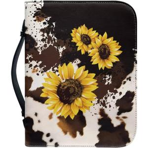 FOR U DESIGNS Large Bible Cover Size L PU Leather Bible Case for Girls Cow & Sunflower Print Bible Covers for Women Bible Carrier Portable Bible Holder