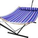 SUPERJARE Curved-Bar Hammock with Stand, 2 Person Heavy Duty Hammock Frame, Detachable Pillow & Portable Carrying Bag, Perfect for Outdoor & Indoor, Deep Ocean Fine Stripe