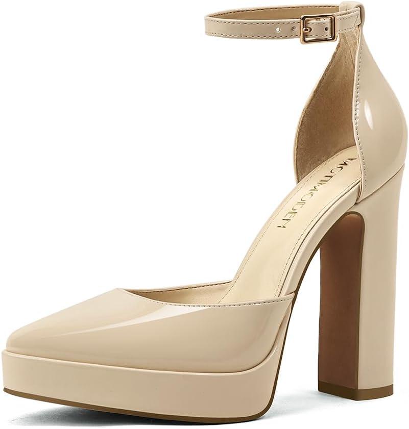Women's Platform Chunky Heel Pumps Closed Toe Ankle Strap Block Heeled Dress Shoes for Wedding Party & Daily Comfort (.95, Nude)