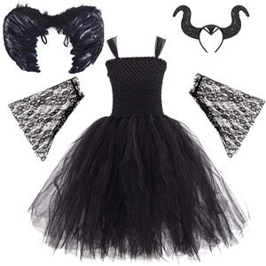 IBTOM CASTLE Halloween Costume for Girls Kids Black Tulle Witch Gown Horns Headband Wings Costume Set Carnival Fancy Dress Up (11-12 Years)