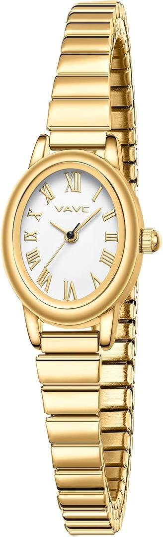 Small Gold Watches for Women,Analog Womens Watch with Stainless Steel Expansion Band,Oval Case Roman Dial,Water Resistant (5.91in-6.7in)