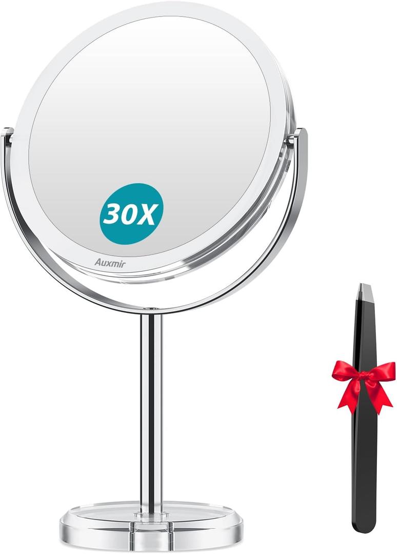 Auxmir 1X/ 30X Magnifying Mirror, Makeup Mirror with Tweezer, 6.8'' Double Sided Round Vanity Tabletop Mirror, 360 Rotation Portable for Dressing Table Desk Bathroom Bedroom Travel, Clear