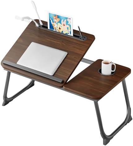 Laptop Desk for Bed, Adjustable Laptop Stand with 5 Different Angles, Portable Lap Tray Table with USB Charge Port and Cup Holder, Laptop Bed Desk Tray for Eating Working Writing (Brown)