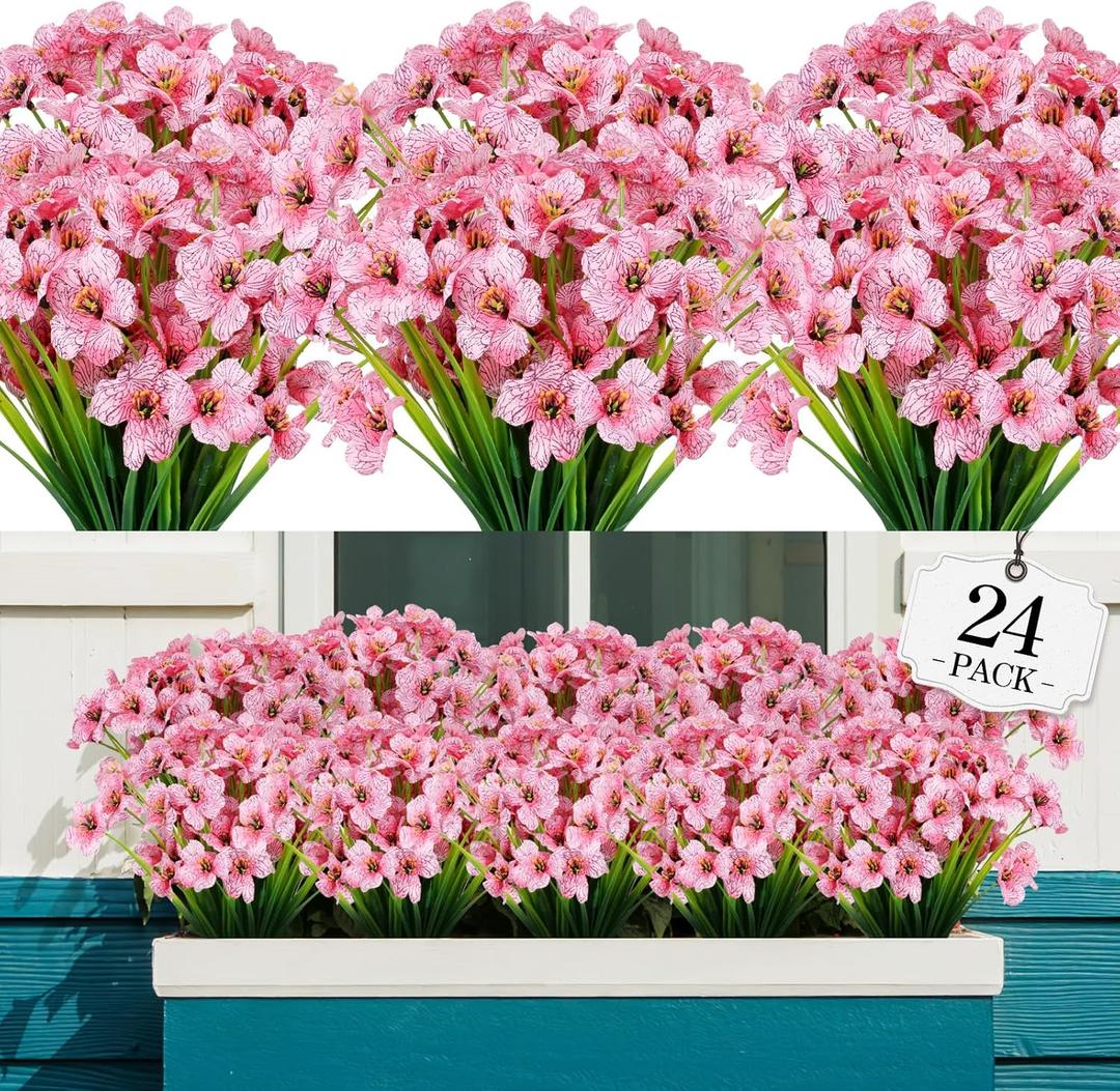 AGIRL 24 Bundles Artificial Flowers for Outdoor,No Fade Fake Plastic Flowers Faux Plants for Decoration Hanging Planters Indoor Outside Garden Porch Window Box Home Wedding Farmhouse (Pink)