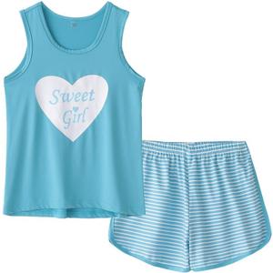 MyFav Big Kids Girls Sleeveless Sleepwears Hearts Shape Striped Pajama Nightgown (Blue)